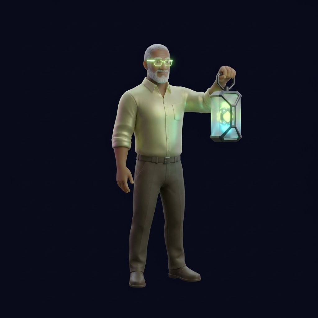 Hakim holding a lantern, ready to help